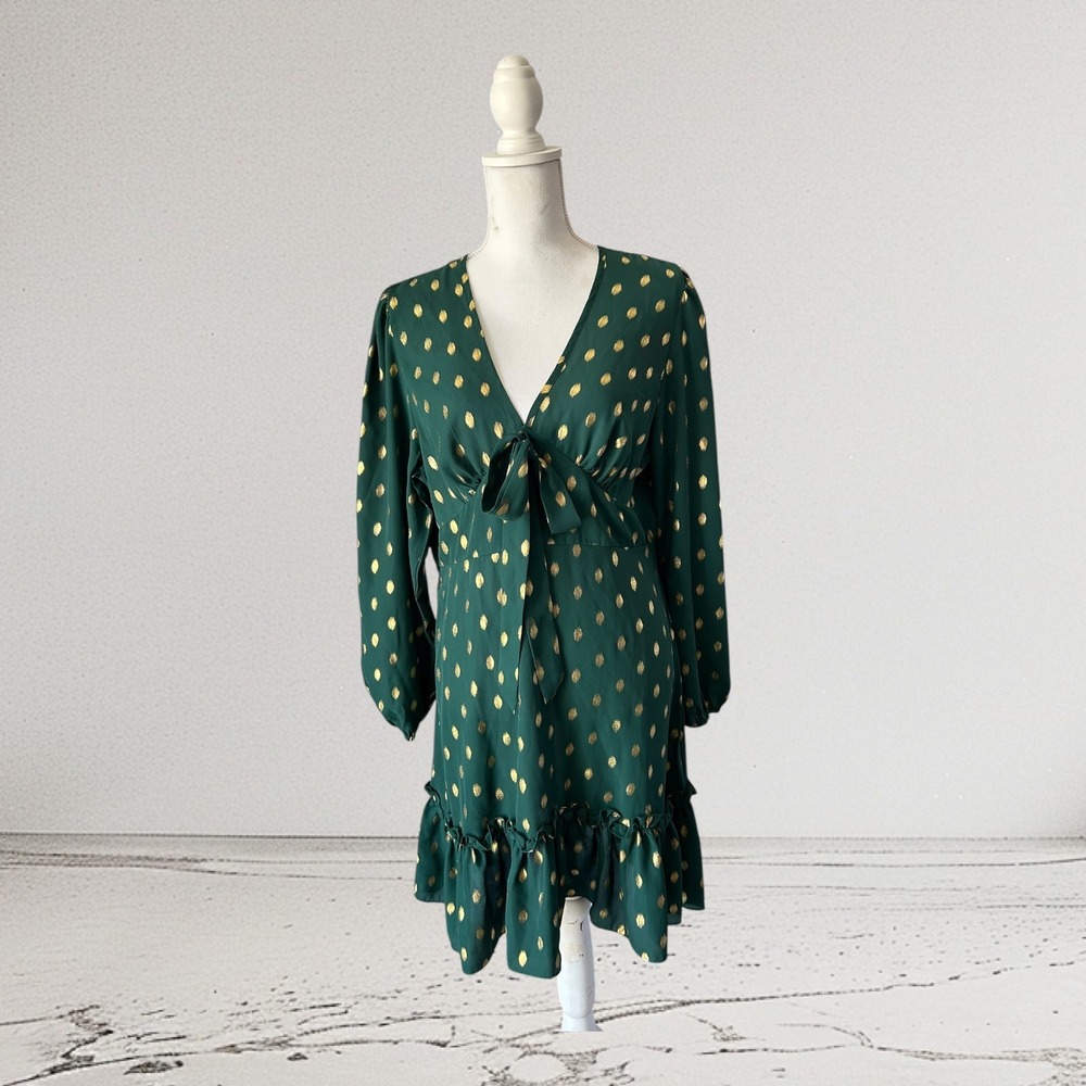 KorMei Green Gold Foil Polka Dot Tie Front Ruffle Hem Mini Dress XL Long Sleeve